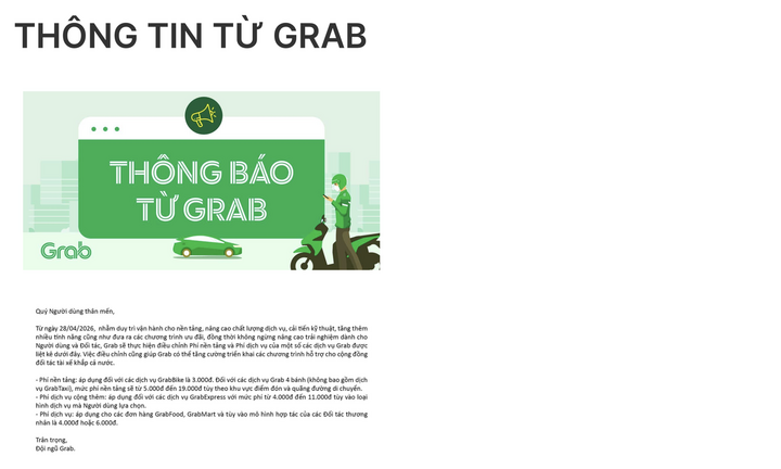 Grab tăng phí nhiều dịch vụ từ 28/4